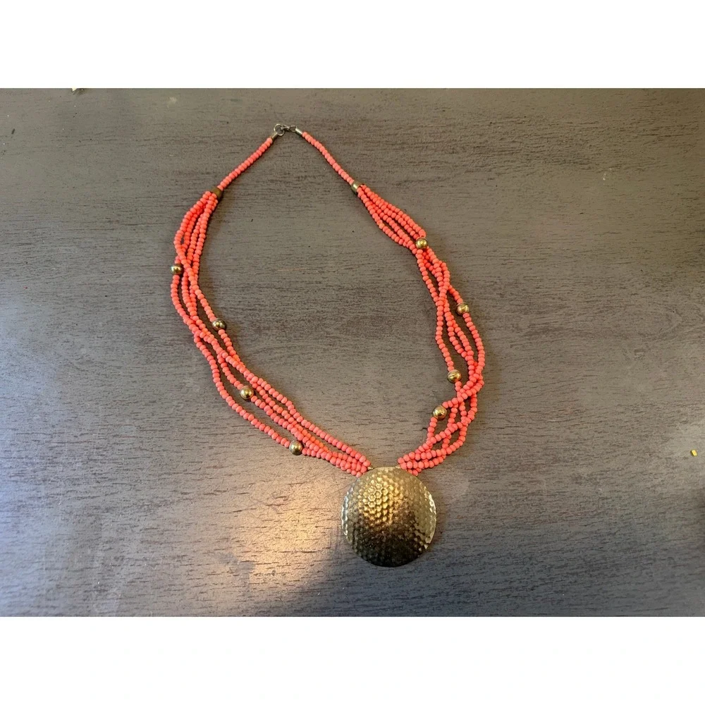 Vintage Multi Strand Coral Pink Seed Bead Hammered Gold Tone Pendant Necklace